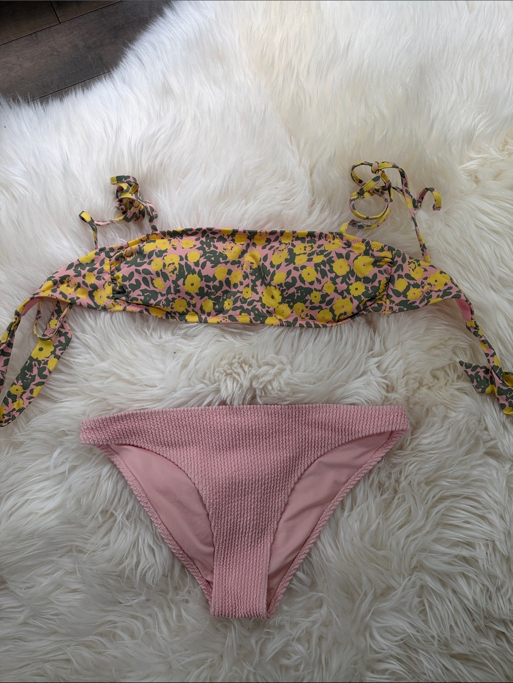 H&M Pink Textured Bikini Bottom with Floral Yellow-Pink Bandeau Top